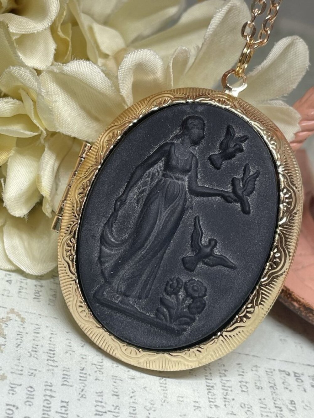 Rose Gold BLACK Neoclassical Slate Carved Bird Lady Dove Necklace Locket Jewelry